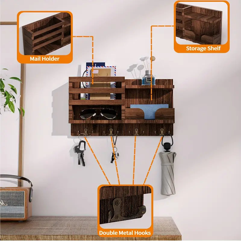 Traditional Wooden Wall-Mounted Storage Shelf with Hooks-1