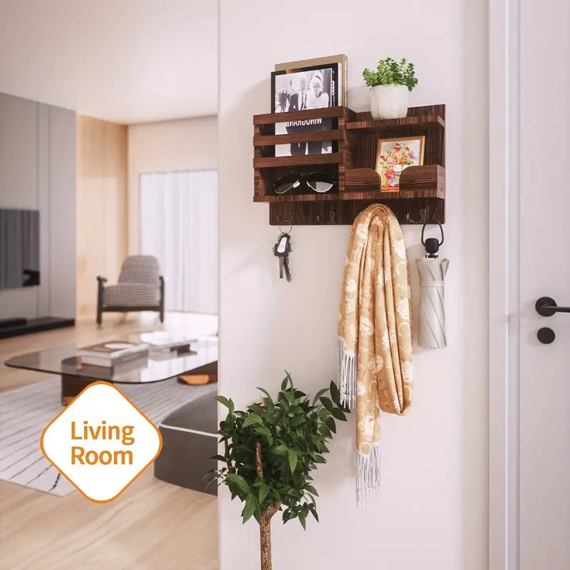 Traditional Wooden Wall-Mounted Storage Shelf with Hooks-4