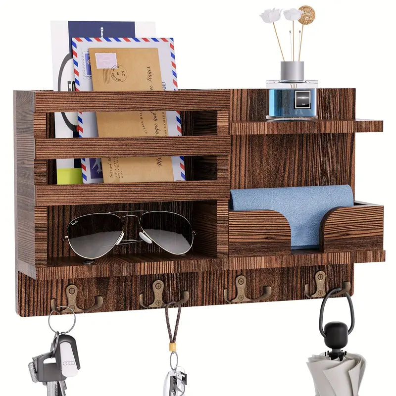 Traditional Wooden Wall-Mounted Storage Shelf with Hooks-0