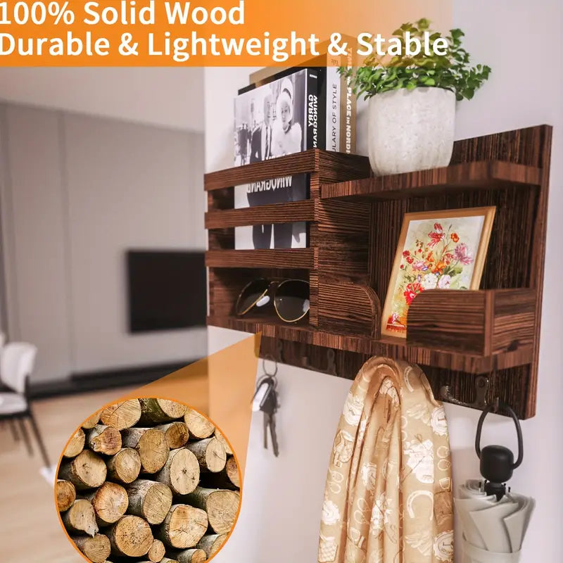 Traditional Wooden Wall-Mounted Storage Shelf with Hooks-3