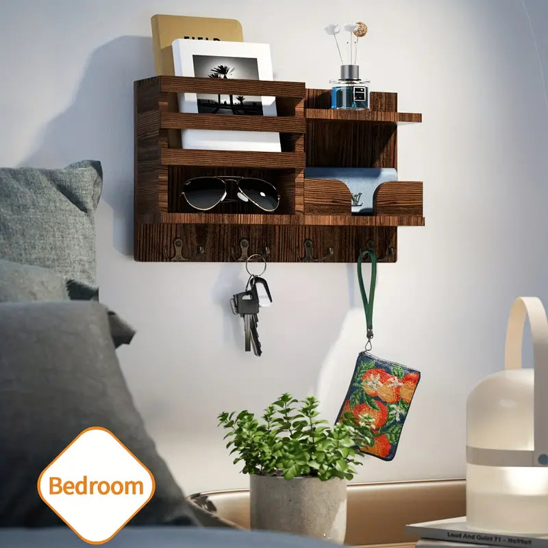 Traditional Wooden Wall-Mounted Storage Shelf with Hooks-2