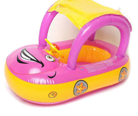 Inflatable Baby Swim Ring with Car Canopy for Toddlers 6–36 Months – PVC Baby Pool Float with Shade
